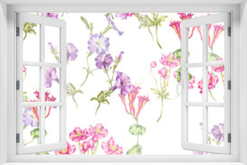 Fototapeta Naklejka Na Ścianę Okno 3D - Pattern. Watercolor illustration of garden flowers. Colorful flowers and leaves. Background for the design of invitations and cards.