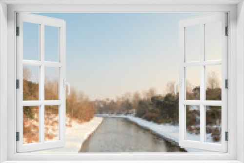 Fototapeta Naklejka Na Ścianę Okno 3D - Winter landscape with canal and blue sky. The Netherlands.