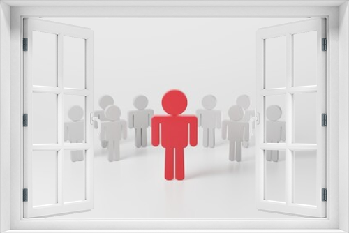 Fototapeta Naklejka Na Ścianę Okno 3D - Illustration of red person different standing out in a crowd white people on white background. Red human model with the others in a row of leadership businessman, human resource concept. 3d rendering