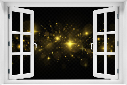 Sparkling space golden magical dust particles. Christmas light concept. Golden confetti and shiny stars.