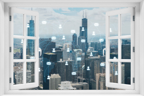 Fototapeta Naklejka Na Ścianę Okno 3D - Aerial panoramic city view of Chicago downtown area, day time, Illinois, USA. Birds eye view, skyscrapers, skyline. Social media hologram. Concept of networking and establishing new people connections