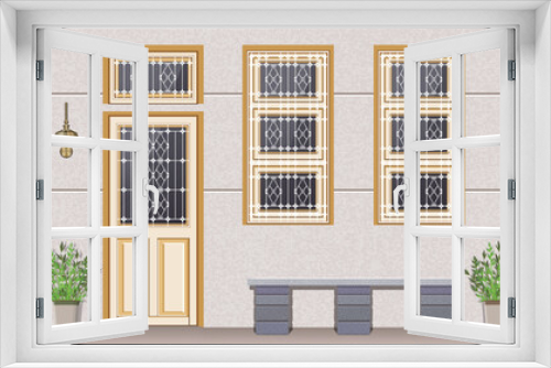 Fototapeta Naklejka Na Ścianę Okno 3D - House facade with white window tracery
