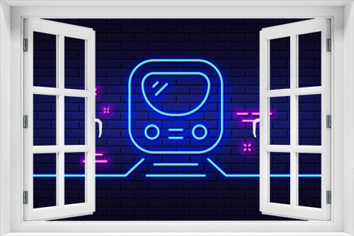 Neon light glow effect. Metro line icon. Subway underground transport sign. Train railway symbol. 3d line neon glow icon. Brick wall banner. Metro outline. Vector