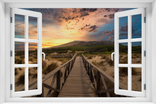 Fototapeta Naklejka Na Ścianę Okno 3D - Hiking path over sand dunes in Cala Mesquida, Mallorca, Spain. Selective focus.