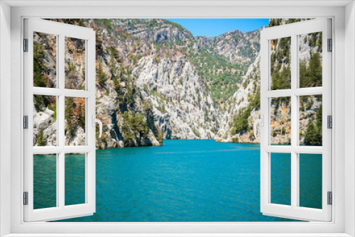 Fototapeta Naklejka Na Ścianę Okno 3D - Mountain Lake. Emerald water reservoir behind the dam Oymapinar. Green Canyon in Manavgat region, Turkey.