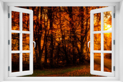 Fototapeta Naklejka Na Ścianę Okno 3D - An autumn scene, falling leaves, digital art