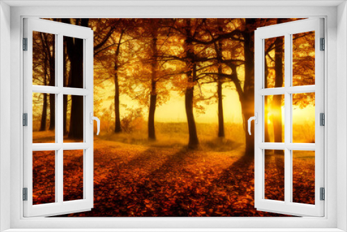 Fototapeta Naklejka Na Ścianę Okno 3D - An autumn scene, falling leaves, digital art