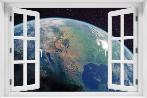 Fototapeta Naklejka Na Ścianę Okno 3D - Breathtaking View of the Planet. Rising Sun Illuminates Our Blue Planet's Clouds, Oceans and Peaceful Cities.