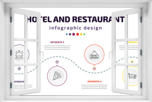 hotel and restaurant infographic element with icons and 6 step or option. hotel and restaurant icons such as cinnamon roll, reception bell, pizza, hotel, lounge, lotion vector. can be used for