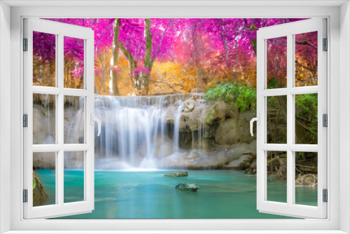 Fototapeta Naklejka Na Ścianę Okno 3D - Amazing in nature, beautiful waterfall at colorful autumn forest in fall season	