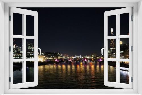 Fototapeta Naklejka Na Ścianę Okno 3D - View of night London at full moon, Thames, Tower Bridge and Cheesegrater building