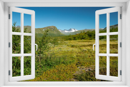 Fototapeta Naklejka Na Ścianę Okno 3D - Glacier covered mountain on the far horizon in the green Arctic landscape of Sarek National Park, Sweden. Beautiful day of arctic summer in Swedish Lapland. Hiking in Laponia. Far north.