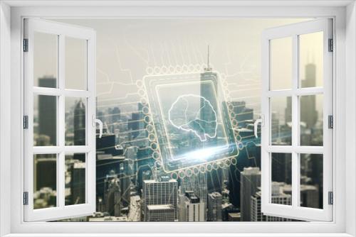 Fototapeta Naklejka Na Ścianę Okno 3D - Virtual creative artificial Intelligence hologram with human brain sketch on Chicago skyline background. Multiexposure