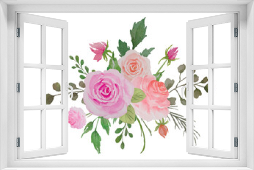 Fototapeta Naklejka Na Ścianę Okno 3D - Watercolor Flowers Bouquet, Floral Arrangement with Roses and Green Leaves Illustration