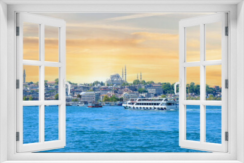 Fototapeta Naklejka Na Ścianę Okno 3D - Istanbul city with Suleymaniye Mosque with boats in golden horn