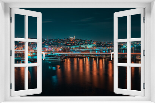 Fototapeta Naklejka Na Ścianę Okno 3D - Cityscape view at night of Istanbul city and Bosphorus strait 