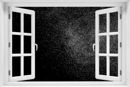 Fototapeta Naklejka Na Ścianę Okno 3D - Abstract white grainy texture isolated on black background. Dust overlay textured. Grain noise particles. Snow effects. Design  element. Vector illustration, EPS 10.  
