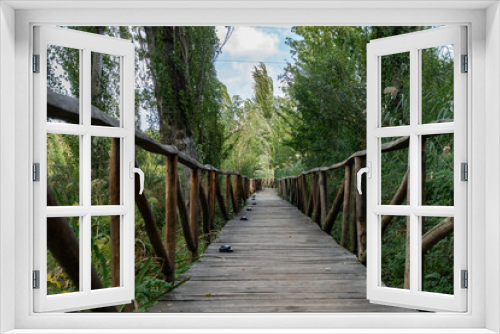 Fototapeta Naklejka Na Ścianę Okno 3D - Wooden walkway in the middle of a forest 