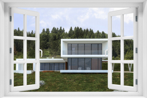 Fototapeta Naklejka Na Ścianę Okno 3D - 3D visualization of a modern house. House with a flat roof. Modern unique architecture