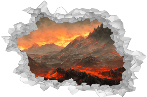 horror landscape and mountains with red sky with lava