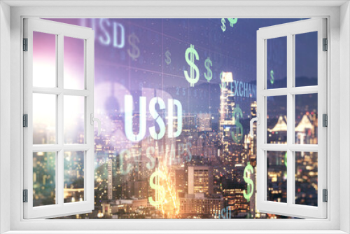 Virtual USD symbols illustration on San Francisco skyline background. Trading and currency concept. Multiexposure