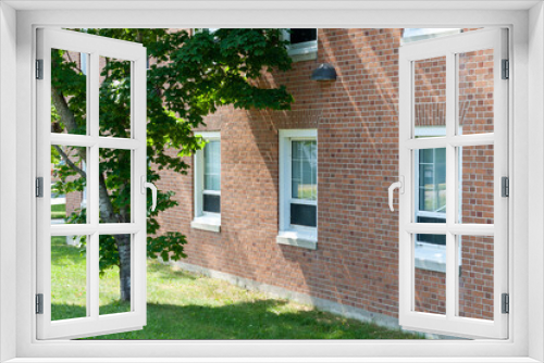 Fototapeta Naklejka Na Ścianę Okno 3D - The ground level of a brown brick building with multiple glass windows. The trim on the windows are white colored. There are vibrant green trees and grass along the outside of the apartment building.