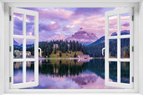 Fototapeta Naklejka Na Ścianę Okno 3D - Amazing nature view of Misurina Lake and mountain range during a beautiful sunset. Location: Lake Misurina, Dolomites Alps, South Tyrol, Italy, Europe. Artistic picture. Beauty world. 