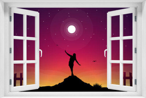 Fototapeta Naklejka Na Ścianę Okno 3D - silhouette of a person in the sunset, silhouette of a woman walking at night, woman walking under the beautiful night sky, sky at night, sunset background
