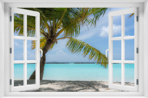 Fototapeta Naklejka Na Ścianę Okno 3D - white sand beach with a palm and turquoise water - vacation scenery 