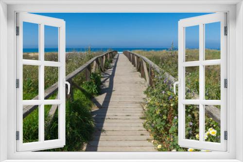 Fototapeta Naklejka Na Ścianę Okno 3D - wild beach with a wooden bridge, flowers and vegetation in the foreground and sea water and blue sky in the background on a sunny day.