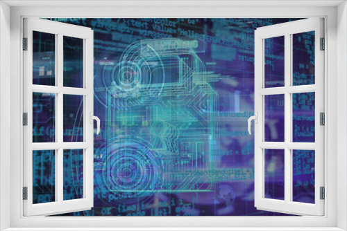 Illustration of padlock with circuit board pattern over programming language and graphs