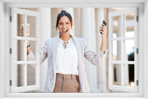 Excited, coffee and business woman with phone for motivation, happy communication and notification in city of Germany. Portrait of corporate worker in celebration of success with smartphone and tea