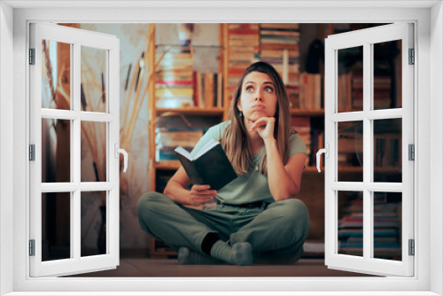 Funny Woman Reading a Book Thinking about the Plot. Millennial girl feeling puzzled about a bad novel 
