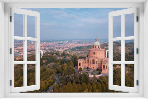 Italy, October 2022- aerial view of the Sanctuary of the Blessed Virgin of San Luca on the hill of Bologna