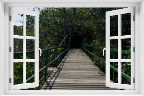 Fototapeta Naklejka Na Ścianę Okno 3D - Wooden bridge that gives access to the pier at Lagoa de Marapendi. Vegetation and the lake around. Reserva beach in Rio de Janeiro