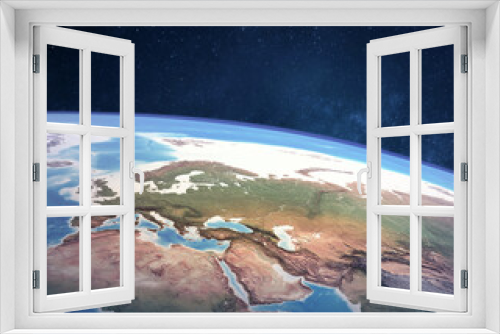 Fototapeta Naklejka Na Ścianę Okno 3D - High angle satellite view of Planet Earth, focused on Europe, East Asia and North Africa - Elements of this image furnished by NASA