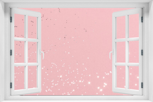 Fototapeta Naklejka Na Ścianę Okno 3D - Sparkling silver glitter on pink background banner texture. Abstract holiday blurred lights header. Wide screen wallpaper. Panoramic web banner with copy space for design