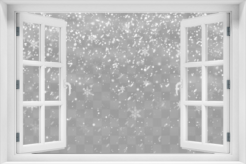Fototapeta Naklejka Na Ścianę Okno 3D - Christmas snow. Falling snowflakes on png background. Vector heavy snowfall. White snowflakes flying in the air. Snow flakes, snow and blizard. Vector illustration isolated on transparent.