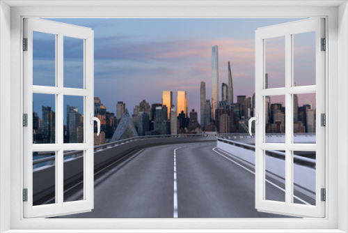 Fototapeta Naklejka Na Ścianę Okno 3D - Empty urban asphalt road exterior with city buildings background. New modern highway concrete construction. Concept of way to success. Transportation logistic industry fast delivery. New York. USA.