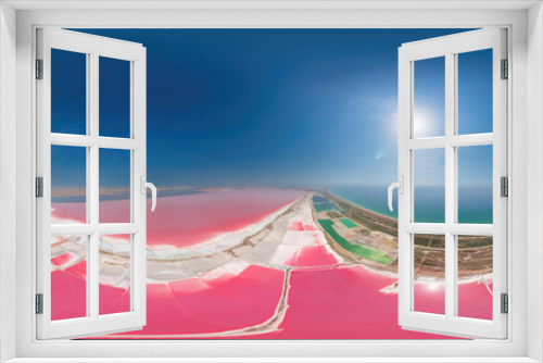 Fototapeta Naklejka Na Ścianę Okno 3D - Pink salt lake bright lagoons. Aerial Seamless 360 degree spherical equirectangular panorama of colorful exotic pink salt lagoon on a sunny summer day. Dunaliella salina.
