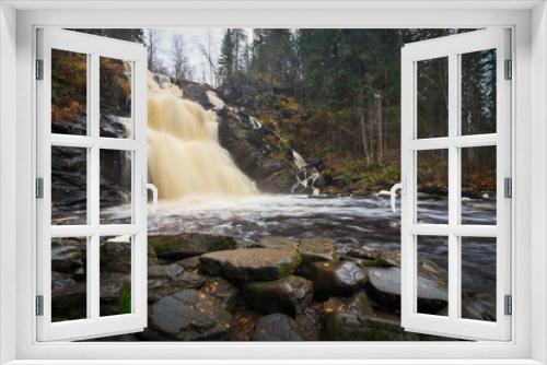 Fototapeta Naklejka Na Ścianę Okno 3D - Big picturesque waterfall in the autumn forest. Karelia, Russia.