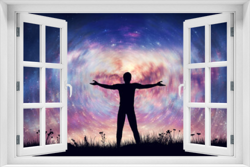 Fototapeta Naklejka Na Ścianę Okno 3D - Happy man uniting with universe. Night sky with spiral nebula and stars.