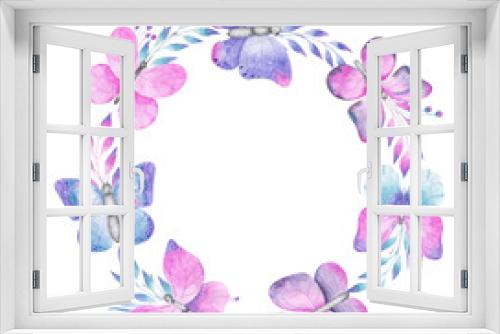 Fototapeta Naklejka Na Ścianę Okno 3D - Watercolor wreath with violet, blue, pink and lilac butterflies and foliage. Cute frame with nature elements