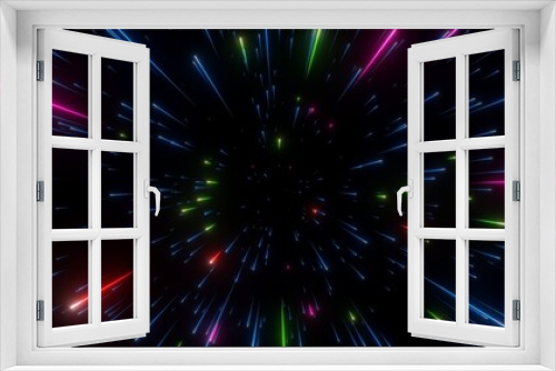 Fototapeta Naklejka Na Ścianę Okno 3D - 3d render, abstract dark background with colorful bright neon stars and glowing lines. Space meteor shower. Festive fireworks