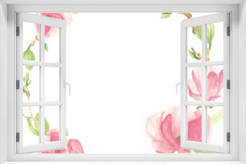 Fototapeta Naklejka Na Ścianę Okno 3D - watercolor pink blooming magnolia flower and branch wreath frame
