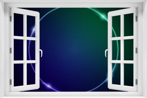 Fototapeta Naklejka Na Ścianę Okno 3D - Neon Frame with Glow, and Sparkles. Electronic Luminous Circle Frame in Green and Blue Colors, for Entertainment Message or Promotion Theme on Dark Background