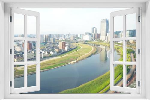 Fototapeta Naklejka Na Ścianę Okno 3D - City View of Kumamoto and Shirakawa River in Kumamoto, Japan  - 日本 熊本県 街並み 白川 
