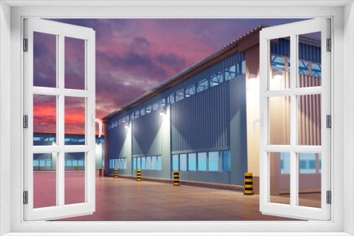 Fototapeta Naklejka Na Ścianę Okno 3D - Industrial buildings for rent. Rental premises for factory. Industrial buildings in evening. Spacious area with industrial construction. Two hangars with night sky. Hangar rent. 3d rendering.