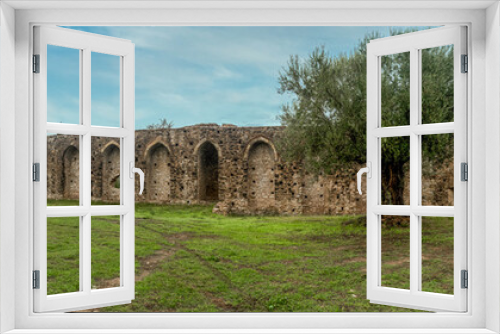 Fototapeta Naklejka Na Ścianę Okno 3D - Panoramic view of ruined medieval castle Androusa near Kalamata Greece with two towers and olive trees