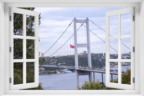 Fototapeta Naklejka Na Ścianę Okno 3D - Close-up Istanbul Bosphorus and landscape view from Nakkastepe National Garden, Trees and cloudy weather, Istanbul tourism banner, 15th of July Martyrs Bridge, transportation idea